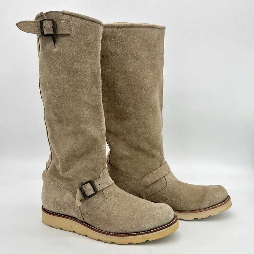 Sendra Women's Knee High Boots US Sz 10 EU Sz 41 Tan Suede Buckles Rubber $250
